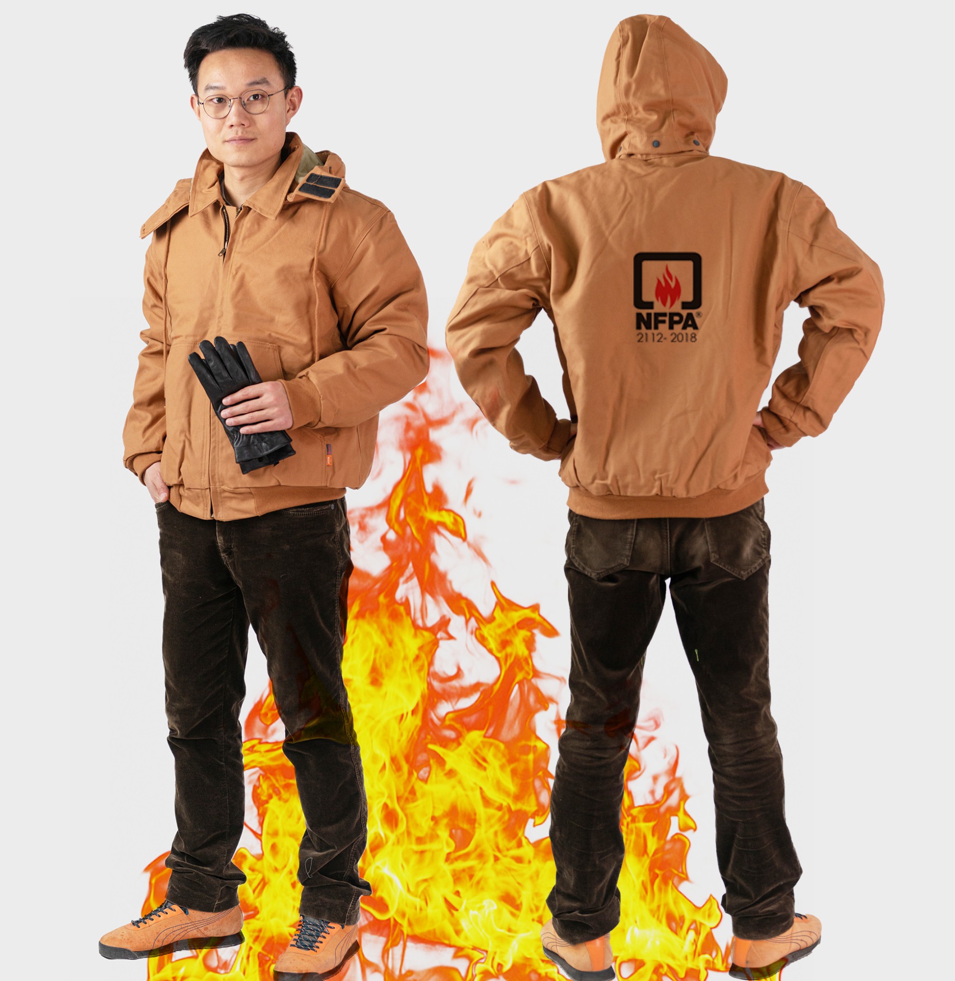 10 oz FR Cotton duck canvas shell UL certification 7.5oz Flame Resistant fabric Lining FR Hooded Winter Jacket